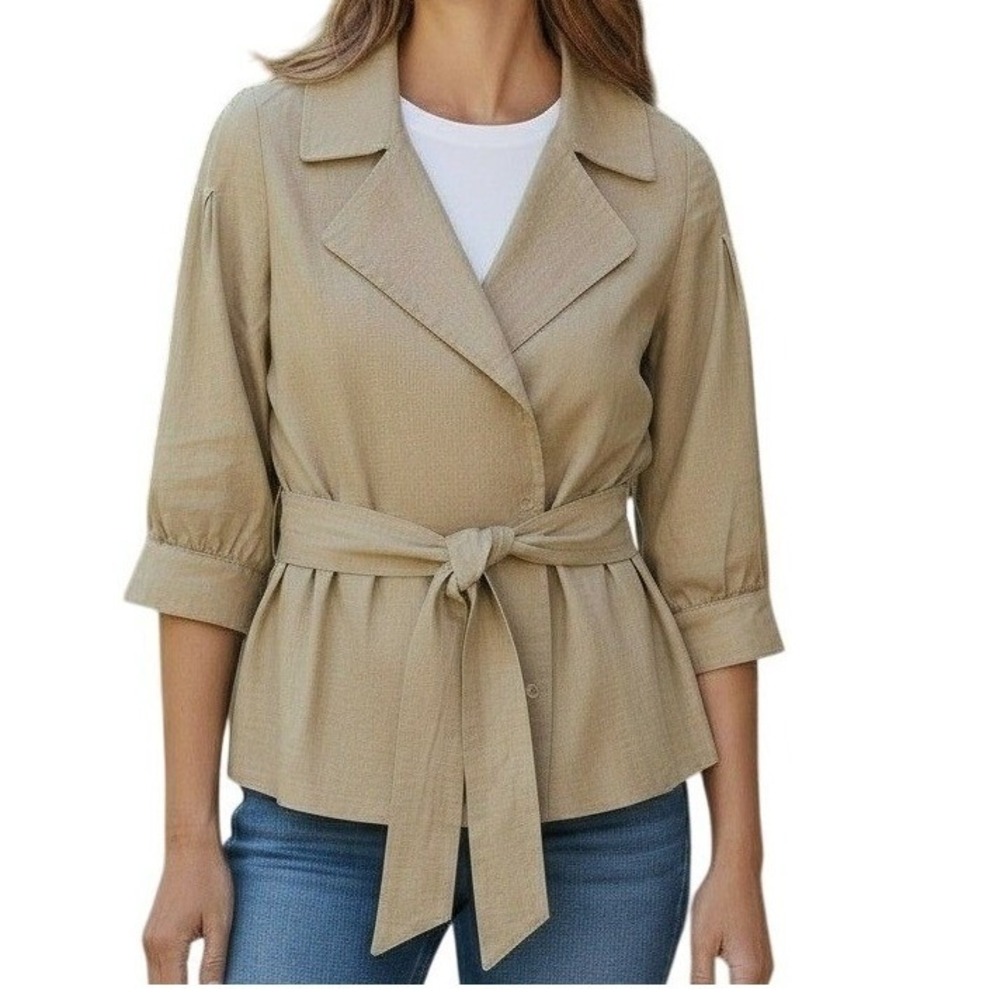 Doncaster Womens Linen Blend Wrap Jacket 8 Khaki Belted Half Sleeve Classic